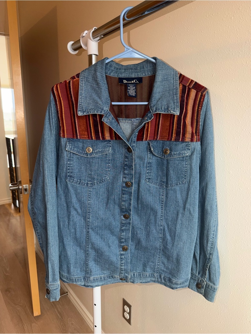 Denim&Co Light Blue Denim Jacket with Brown & Red Striped Yoke